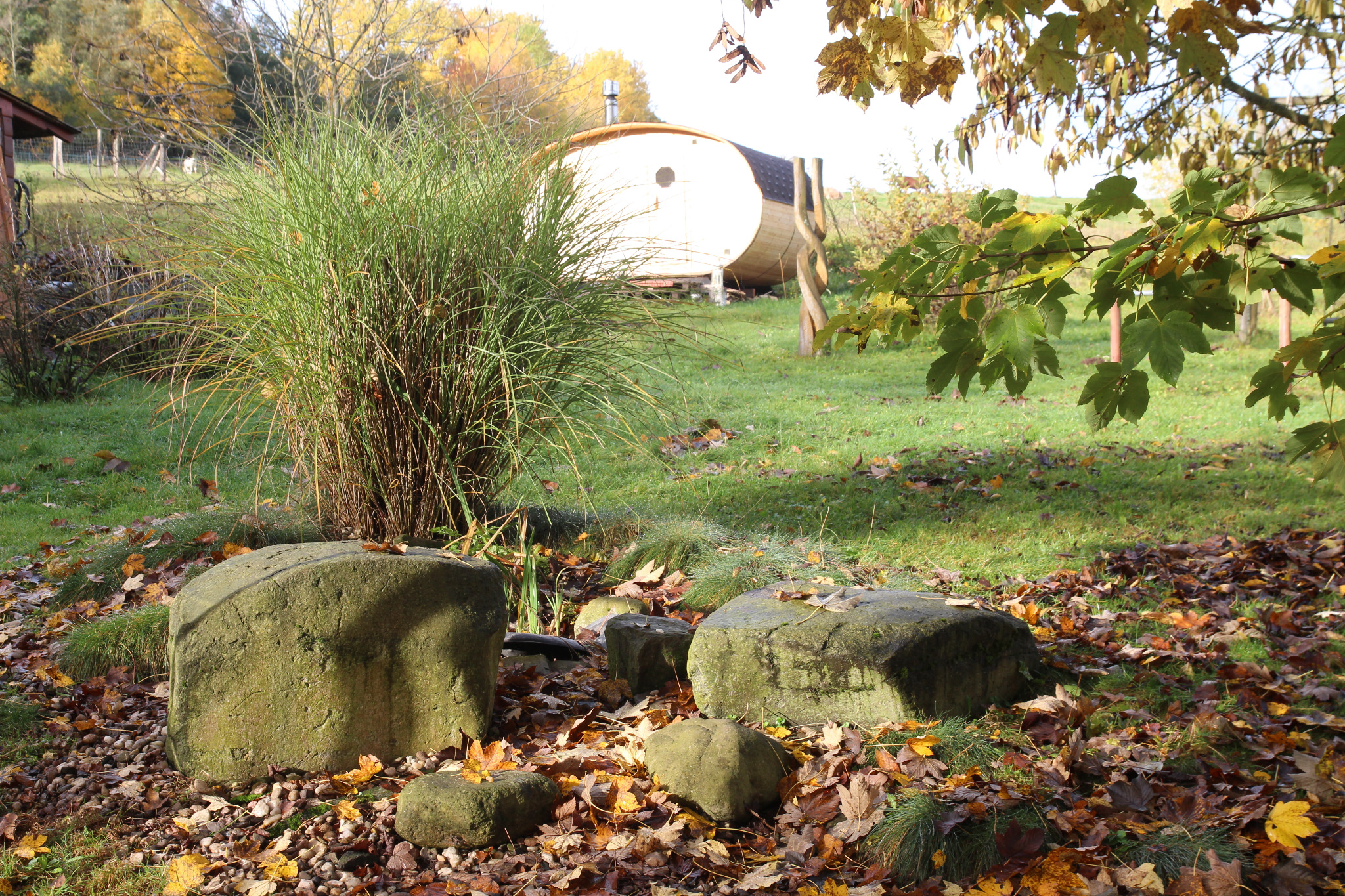 Natural garden with rocks and sauna in the background